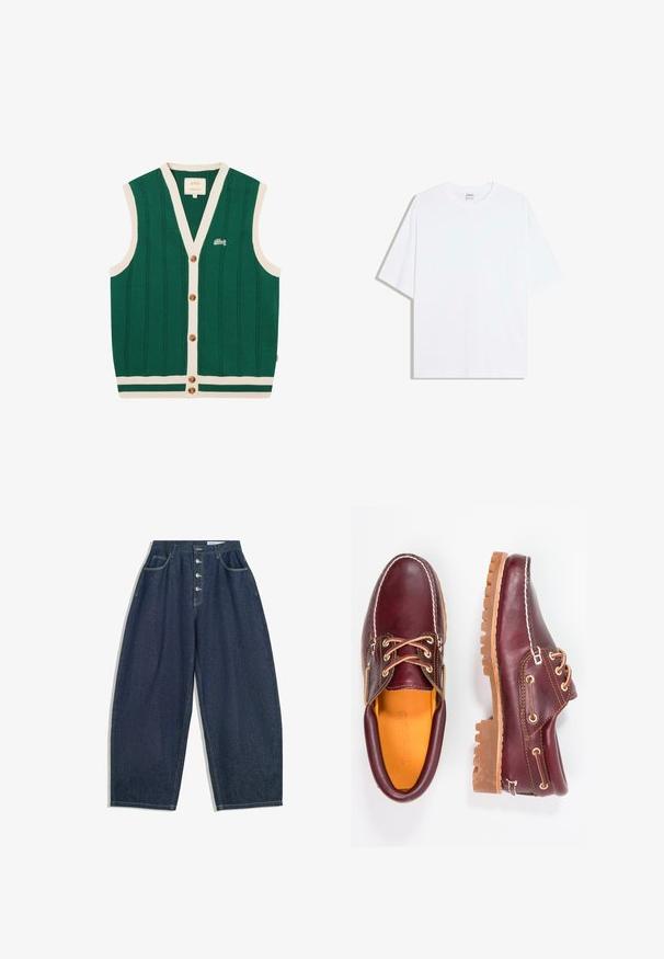 Cardigan sans manches vert tricoté avec bordure blanche, boutons marron, texture verticale et petit logo blanc brodé sur le côté gauche de la poitrine.; T-shirt oversize en coton blanc avec un col rond et des manches courtes ; texture lisse, sans motifs ni accents visibles.; Pantalons en denim bleu foncé à jambes larges avec une taille haute, fermeture à cinq boutons et cinq poches. Présente des accents de couture sur les coutures.; Chaussures en cuir bourgogne avec semelles en caoutchouc marron, bout rond, couture blanche et œillets dorés. L'intérieur présente une doublure jaune.