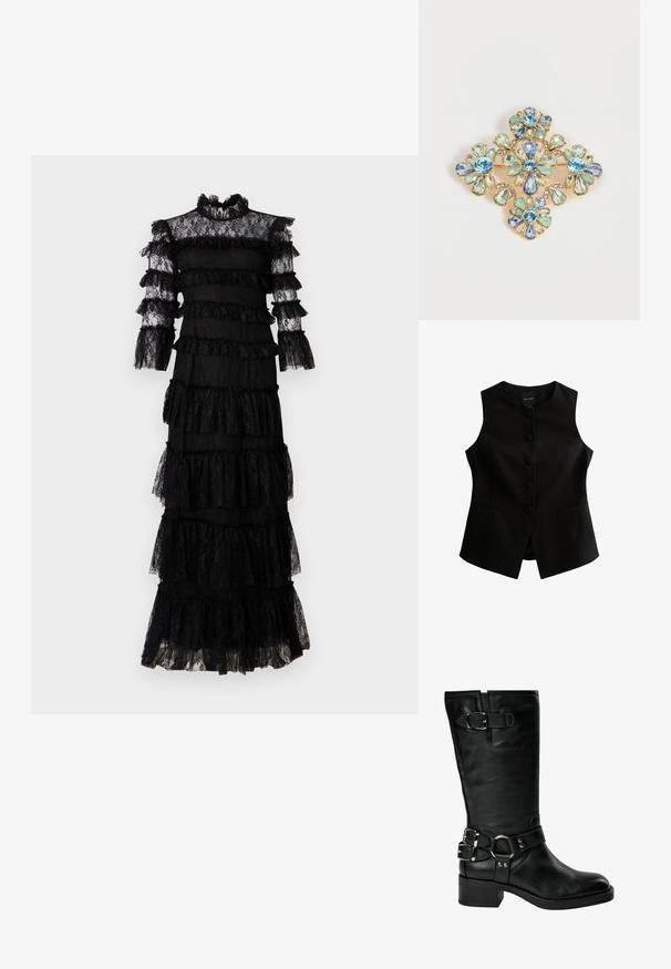 Chaleco sin mangas negro con corte recto, siete botones en la parte delantera y dos bolsillos laterales. Fabricado con tela texturizada.; Vestido de encaje negro con volantes en capas. Cuello alto y mangas largas transparentes. Tela texturizada con detalles intrincados y un diseño en capas.; Bota negra de cuero hasta la mitad de la pantorrilla con tacón bajo y ancho, dos hebillas plateadas en el tobillo, una hebilla cerca de la parte superior y una correa con detalle de anillo metálico.; Broche de oro ornamentado con cuatro formas de flores hechas de piedras preciosas facetadas azules, verdes y claras, dispuestas en un patrón simétrico.