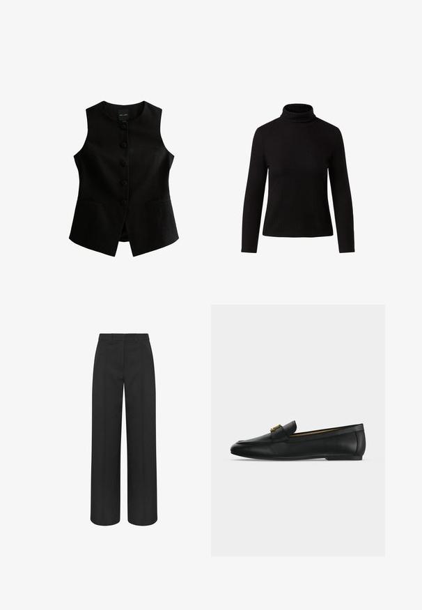 Chaleco sin mangas negro con corte recto, siete botones en la parte delantera y dos bolsillos laterales. Fabricado con tela texturizada.; Sudadera negra de cuello alto hecha de tejido acanalado. Presenta mangas largas y un diseño ajustado con un cuello alto.; Pantalones negros de talle alto y pierna ancha con trabillas para cinturón y costuras delanteras planchadas, diseñados para un look formal o profesional.; Zapato mocasín de cuero negro con detalle de hebilla metálica dorada en la parte superior, suela plana y diseño con costuras a lo largo del borde superior.