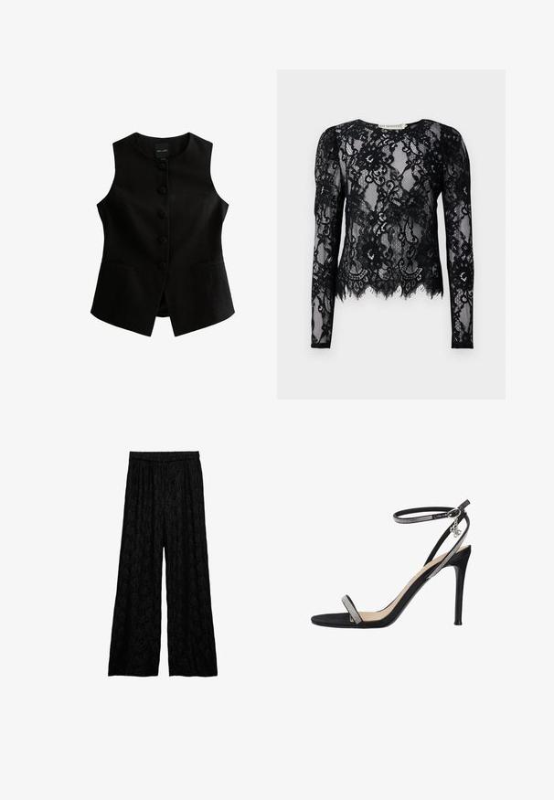 Chaleco sin mangas negro con corte recto, siete botones en la parte delantera y dos bolsillos laterales. Fabricado con tela texturizada.; Blusa negra de manga larga de encaje con patrones florales, dobladillo en forma de ondas y cuello redondo.; Pantalones negros de pierna ancha con un sutil patrón de encaje floral y cinturilla elástica, colocados planos sobre un fondo blanco.; Sandalia negra de tacón alto con finas tiras en el tobillo y el dedo del pie adornadas con pequeños brillantes y una hebilla plateada con un colgante.