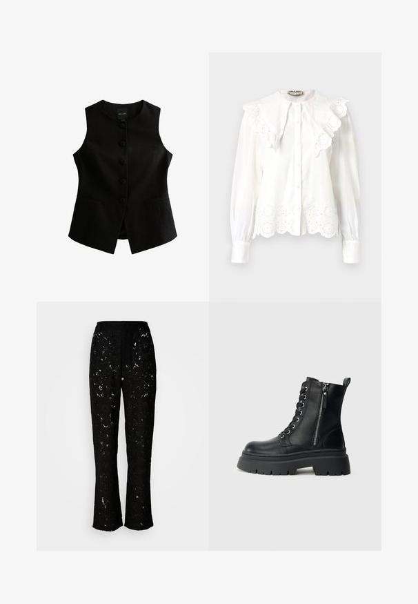 Chaleco sin mangas negro con corte recto, siete botones en la parte delantera y dos bolsillos laterales. Fabricado con tela texturizada.; Blusa blanca con un cuello alto, con adornos de volante y detalles de encaje con corte floral en el dobladillo. Con botones en la parte delantera y mangas largas.; Pantalones de encaje negro con un patrón floral, diseño de pierna ancha y textura suave. Presentan una cintura y una silueta fluida.; Botines de cuero negro con punta redonda, cordones en la parte delantera, cremallera lateral y suela gruesa de goma con un patrón de banda de rodadura pronunciado.