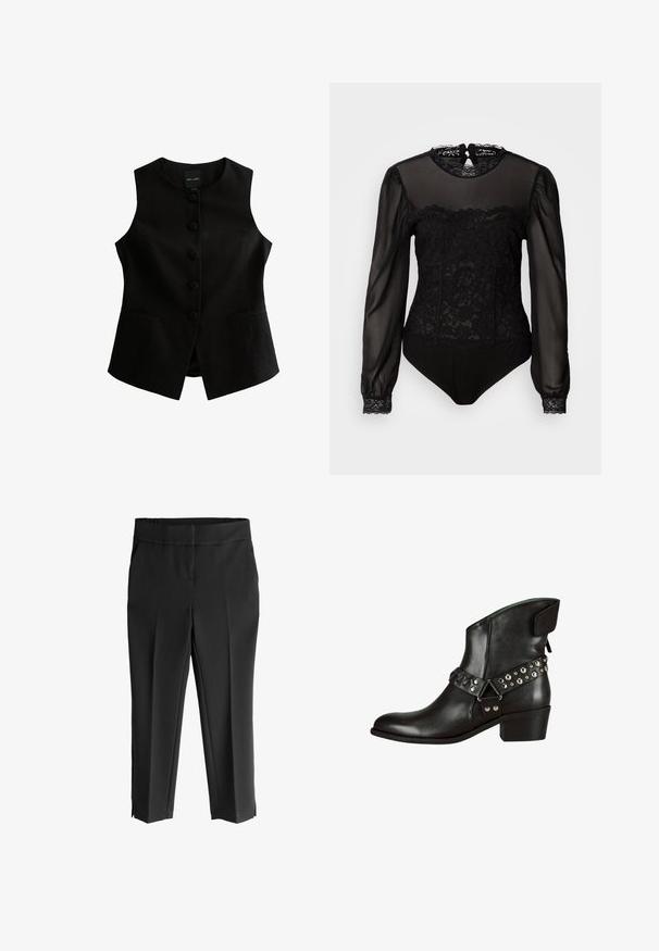 Chaleco sin mangas negro con corte recto, siete botones en la parte delantera y dos bolsillos laterales. Fabricado con tela texturizada.; Body negro con mangas largas transparentes. Presenta un estampado de encaje en la parte superior frontal y un cuello alto con cierre en la parte trasera en forma de ojal.; Pantalones negros cropped con una cinturilla ancha, que cuentan con una textura suave, piernas ajustadas y aberturas laterales en el dobladillo para un detalle adicional.; Botas de tobillo de cuero negro con punta afilada, acentuadas con remaches metálicos y una correa decorativa. Tacón bajo en bloque y textura suave.