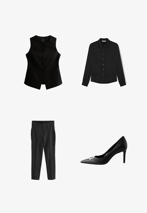 Chaleco sin mangas negro con corte recto, siete botones en la parte delantera y dos bolsillos laterales. Fabricado con tela texturizada.; Camisa negra de manga larga con botones, cuello puntiagudo y mangas con puños, mostrada extendida sobre un fondo blanco.; Pantalones negros con una textura suave, que presentan bolsillos con cremallera en la parte delantera y pliegues distintivos. Diseño minimalista con un ajuste a medida.; Zapato de tacón alto de cuero negro con punta afilada, con un detalle de hebilla rectangular plateada en el empeine y una textura lisa.