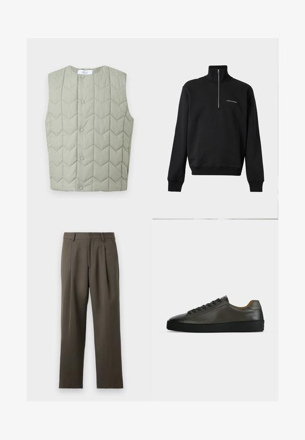 Veste matelassée sans manches vert clair avec boutons-pression et motif de piqûres géométriques en chevron, étiquette visible à l'intérieur du col.; Pull noir à manches longues avec col montant et fermeture éclair devant, avec petit logo blanc "Tiger of Sweden" sur le côté gauche de la poitrine.; Pantalons de couleur vert olive foncé, coupe ajustée, devant plissé, tissu léger, design à jambes droites, avec une texture lisse et sans embellissements visibles.; Basket basse en cuir gris foncé avec lacets et semelle noirs, design minimaliste, profil latéral sur un fond clair uni.