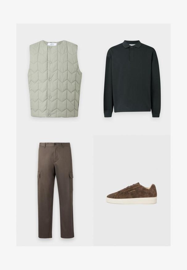 Veste matelassée sans manches vert clair avec boutons-pression et motif de piqûres géométriques en chevron, étiquette visible à l'intérieur du col.; Polo shirt noir à manches longues avec une patte de boutonnage à un seul bouton et des poignets côtelés, présenté sur un fond clair.; Pantalon cargo de couleur marron sourd, en tissu de coton lisse, avec des poches latérales et une coupe droite.; Baskets en daim marron avec une silhouette basse, un bout arrondi et une semelle en caoutchouc blanc. Elles présentent des lacets foncés et un logo discret sur le côté.