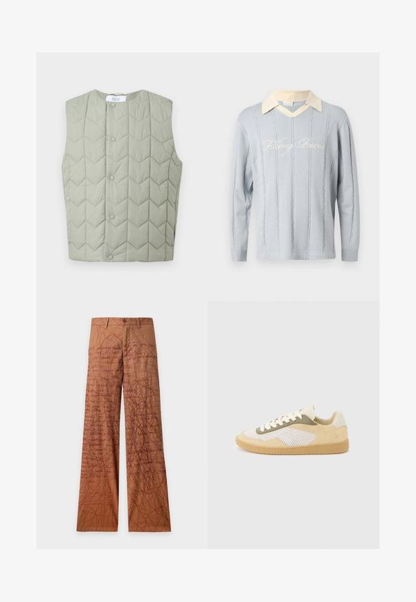Veste matelassée sans manches vert clair avec boutons-pression et motif de piqûres géométriques en chevron, étiquette visible à l'intérieur du col.; Pull en maille bleu clair avec motifs à câbles verticaux, col en V couleur crème, et texte cursif "Filling Pieces" sur la poitrine.; Pantalon droit marron avec un motif de griffonnages et de texte manuscrit en rouge foncé sur tout le tissu.; Baskets basses en daim beige, panneaux en maille blanche, accents olive, lacets blancs et semelle en caoutchouc naturel sur fond gris clair.