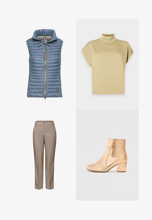Lichtblauw gewatteerd vest met hoge kraag, volledige rits aan de voorkant en een leren accent. Heeft een horizontaal gestikt ontwerp en een contrasterende voering aan de binnenkant.; Beige top met korte mouwen, een hoge hals en een knoopsluiting aan de achterkant van de kraag.; Beige op maat gemaakte broek met recht toelopende pijpen, een gladde textuur en een enkele knoopsluiting aan de voorkant. Beschikt over zijzakken.; Enkelboot in metallic goudleer, met een gladde afwerking, een ronde neus, subtiele stiksels en een stevige blokhak.