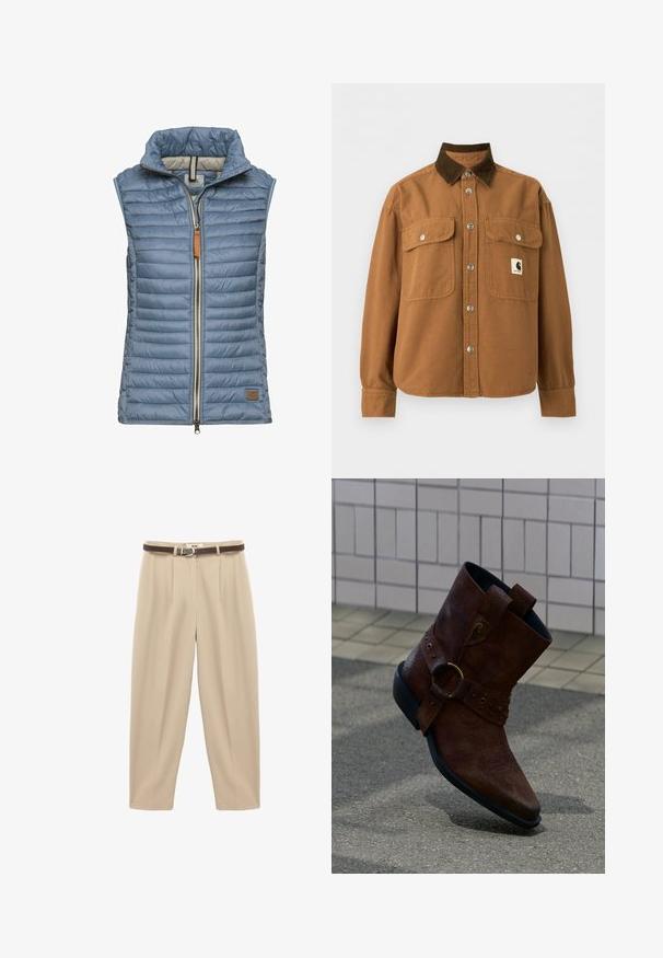 Lysblå, polstret vest med høj krave, fuld frontlynlås og læderdetalje. Har et vandret quiltet design og kontrasterende inderside.; Brun knappet jakke med mørkebrun fløjlskrave, to forlommer med klap og sølvfarvede trykknapper samt et lille rektangulært logopatch på brystet.; Beige, højtaljede bukser lavet af glat stof, med et brunt bælte med en metalspænde, og frontfolder for ekstra struktur.; Brun læder ankelstøvle med dekorativ spænde og syning, hvilende på en tekstureret overflade med flisebelagt væg i baggrunden.