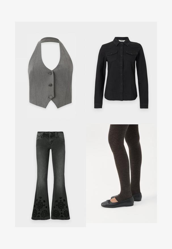 Gilet gris sans manches à col halter avec trois boutons noirs sur le devant et un ourlet pointu sur fond blanc.; Chemise noire à manches longues avec deux poches à rabat sur la poitrine et un col pointu, coupe cintrée, sur fond blanc.; Jeans noirs évasés avec une finition délavée ; ornés de motifs floraux brodés en noir à l'ourlet ; tissu en denim à texture lisse.; Jambes portant des leggings côtelés foncés associés à des ballerines noires avec de petits détails en nœud sur fond blanc.