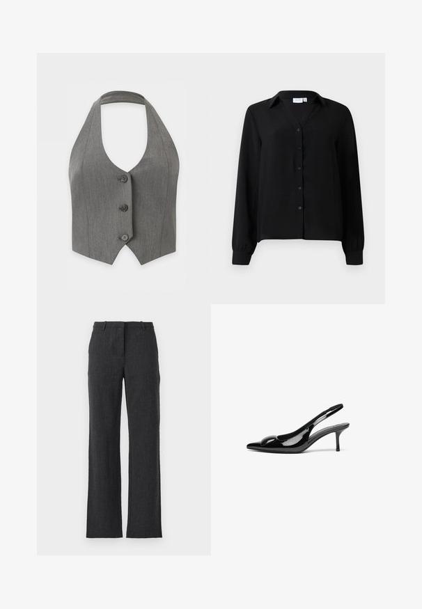 Gilet gris sans manches à col halter avec trois boutons noirs sur le devant et un ourlet pointu sur fond blanc.; Chemise noire à manches longues avec col, en tissu texturé, comportant huit boutons à l'avant et des poignets élastiqués.; Pantalons droit en gris charbon, fabriqués dans un tissu texturé. Ils présentent des passants de ceinture, un devant plat, et pas de poches visibles.; Escarpins slingback en cuir verni noir avec un bout pointu et une finition brillante. Présente un talon fin et un accent arrondi au dessus du pied.