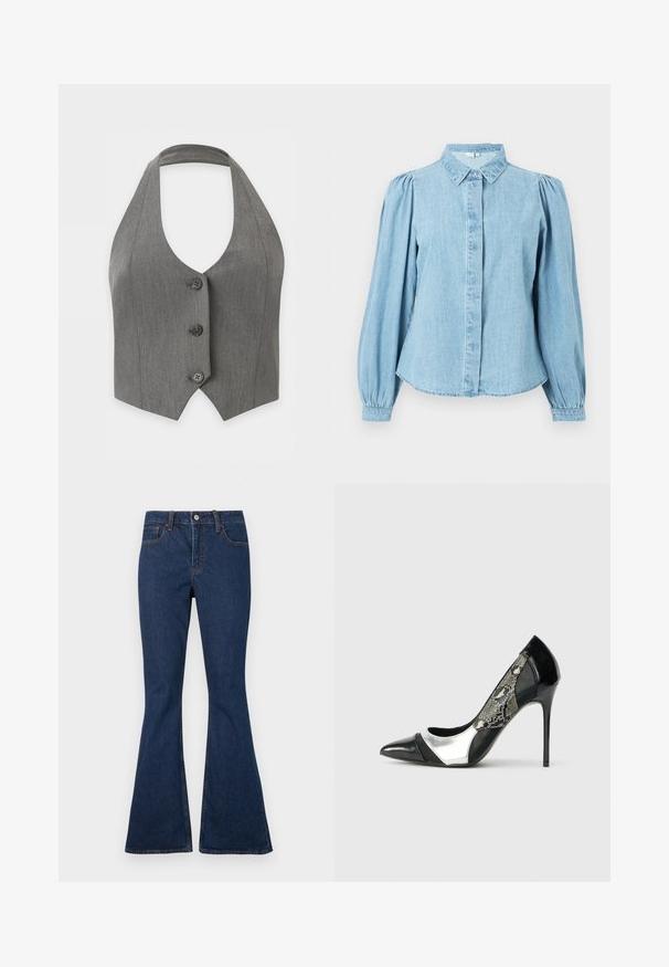 Gilet gris sans manches à col halter avec trois boutons noirs sur le devant et un ourlet pointu sur fond blanc.; Chemise en denim bleu clair avec un col pointu, une patte de boutonnage à l'avant et des manches longues bouffantes. Texture lisse avec un ourlet arrondi.; Jean en denim bleu foncé avec une taille ajustée et des jambes évasées, doté de poches avant et de surpiqûres contrastées visibles.; Pompe à talon aiguille noire et argentée avec un bout pointu, dotée d'un panneau latéral en maille avec un motif serpent et un talon effilé élégant.