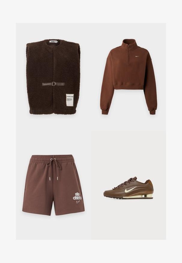 Brun fleecevest med rund hals, frontlukning med en brun læderrem og metalring samt en lille hvidetiket i bunden.; Brun cropped sweatshirt med lange ærmer, kvart lynlås ved kraven, ribstrikkede manchetter og kant, med lille hvidt Nike-logo på brystet.; Brune atletikshorts med elastisk linning og snøre. Har hvide Nike- og atletiklogoer; blødt bomuldsblandingsstof.; Brun Nike løbesko med bølget design, cremefarvet Nike swoosh, tekstureret sål og synlig luftdæmpning i hælen.