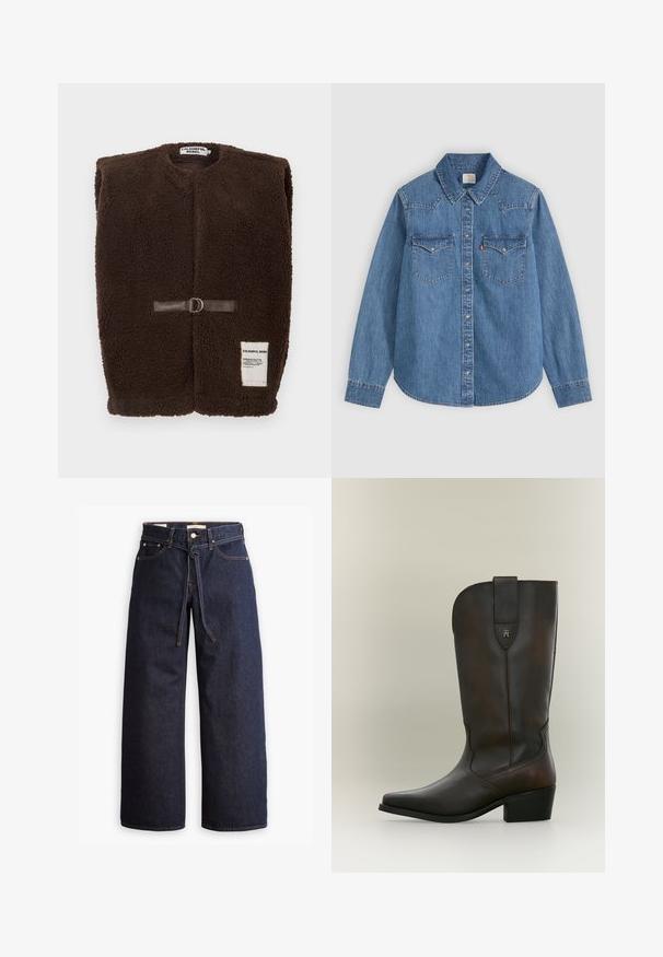 Brun fleecevest med rund hals, frontlukning med en brun læderrem og metalring samt en lille hvidetiket i bunden.; Langærmet blå denim skjorte med knapper, spids krave og to brystlommer med klap på en lys baggrund.; Bredde ben mørkeblå denim jeans med høj talje, der har snoretræk, fem lommer og kontrastsyet detaljer.; Mørkebrun læderstøvle til midt på læggen med lav blokhæl, spids tå og en syet trækflig med et lille metal logo.