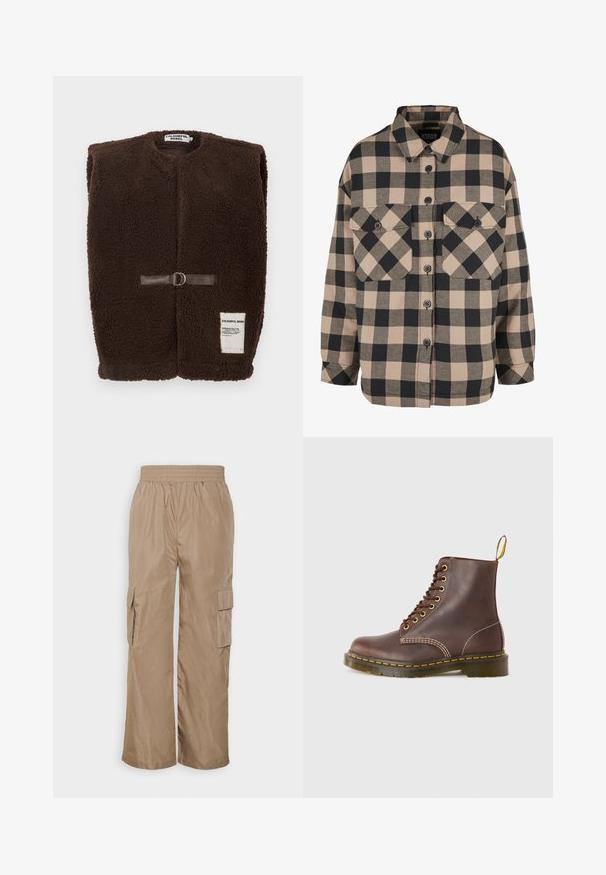 Brun fleecevest med rund hals, frontlukning med en brun læderrem og metalring samt en lille hvidetiket i bunden.; Rutet flannel skjorte i beige og mørkegrå. Har en knap-ned front, to brystlommer og en nedfoldet krave. Løs pasform.; Even&Odd by Zalando Cargobukser - beige; Brune lædersnøreboots med gule syninger, rund tå og en robust gummisål. Har en trækflap ved hælen for nem påføring.