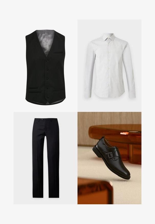 Zwarte vest met een gladde satijnen voering, voorzien van zes knopen, twee voorzakken en een V-halsontwerp. Tailored pasvorm met een klassieke fit.; Wit overhemd met lange mouwen, subtiel klein stippenpatroon, klassieke kraag en getailleerde pasvorm.; Zwarte formele broek met rechte snit, riemlussen, knoop aan de voorkant en ritssluiting tegen een effen lichte achtergrond.; Zwarte leren monkstrap schoen met gespen van zilver, zwevend boven beige tapijt met bruin doorschijnend meubilair op de achtergrond.