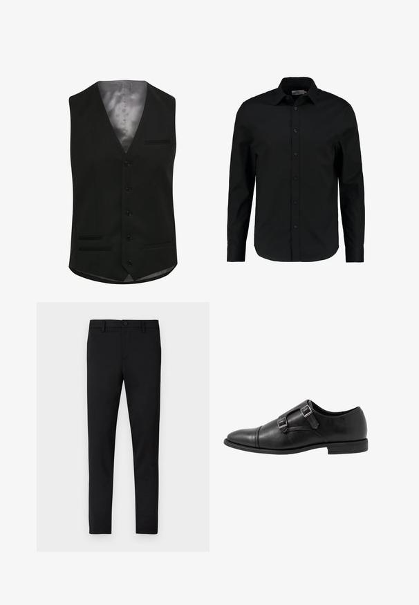 Zwarte vest met een gladde satijnen voering, voorzien van zes knopen, twee voorzakken en een V-halsontwerp. Tailored pasvorm met een klassieke fit.; Zwarte lange mouw shirt gemaakt van een gladde stof, heeft een knoopsluiting aan de voorkant, een spitse kraag en een getailleerde pasvorm met een gebogen zoom.; Zwarte strakke broek met een gladde textuur, knoopsluiting, riemlussen, en zonder zichtbare patronen of accenten.; Zwarte leren monniksschoen met twee zilveren gespen, ontwerp met teenkap, ronde neus en een lage rubberen zool. Glad textuur, elegante silo.
