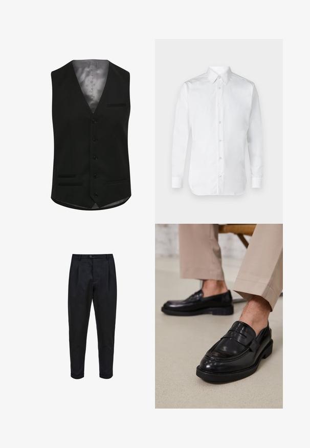 Zwarte vest met een gladde satijnen voering, voorzien van zes knopen, twee voorzakken en een V-halsontwerp. Tailored pasvorm met een klassieke fit.; Witte overhemd met lange mouwen van soepel katoen, met een klassieke kraag en een subtiele glans. Vijf knopen aan de voorkant.; Zwarte broek van een gladde stof, met een geplooide voorkant, taps toelopende pasvorm en opgerolde mouwen. Eenvoudige knoopsluiting bij de taille.; Zwarte leren loafers met een gladde afwerking, voorzien van een decoratieve band en contrasterende stiksels, gecombineerd met beige broeken.