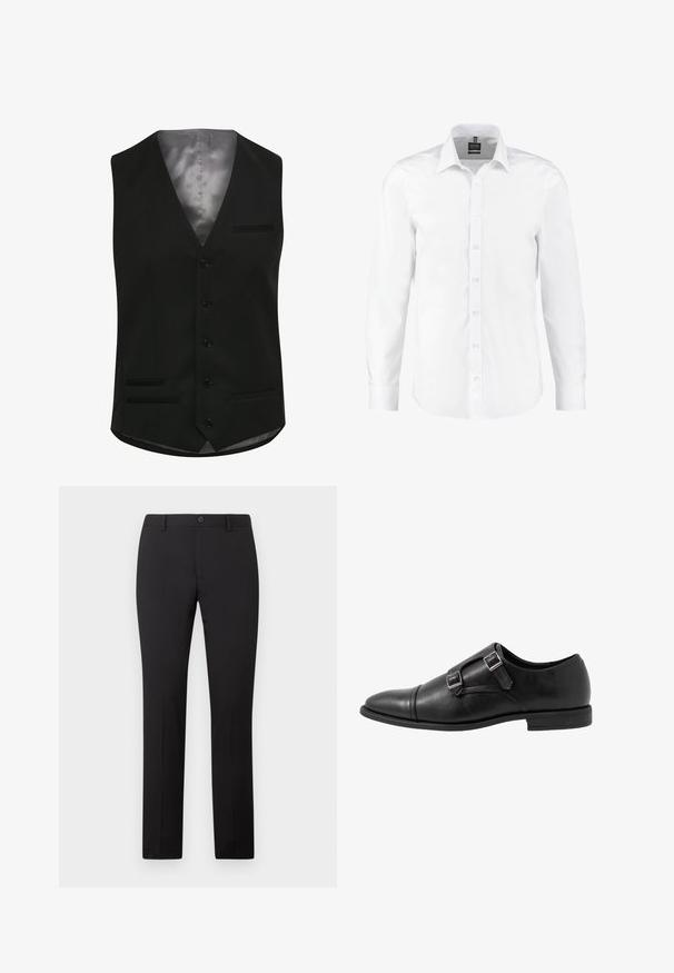 Zwarte vest met een gladde satijnen voering, voorzien van zes knopen, twee voorzakken en een V-halsontwerp. Tailored pasvorm met een klassieke fit.; Witte langearmige shirt gemaakt van gladde stof, met een klassieke kraag, knopen aan de voorkant en manchetten met enkele knopen. Geen patronen of accenten.; Zwarte, op maat gemaakte broek met een rechte pijp, voorzien van een knoopsluiting en riemlussen. Gemaakt van gladde stof zonder zichtbare patronen.; Zwarte leren monniksschoen met twee zilveren gespen, ontwerp met teenkap, ronde neus en een lage rubberen zool. Glad textuur, elegante silo.