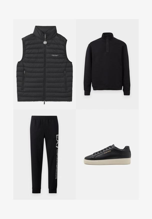 Gilet noir rembourré avec un col haut, fermeture éclair sur le devant, deux poches zippées sur les côtés et un logo sur la poitrine, présentant un matelassage horizontal.; Pull noir à manches longues avec col haut et fermeture éclair à l'avant, posé à plat sur un fond clair.; Pantalons de survêtement noirs en mélange de coton, dotés d'une taille élastique, de jambes fuselées, de poignets côtelés et d'un imprimé logo blanc sur le côté.; Sneaker en cuir noir avec une finition lisse, semelle crème contrastante, bout arrondi, logo doré sur le côté et six œillets pour les lacets.