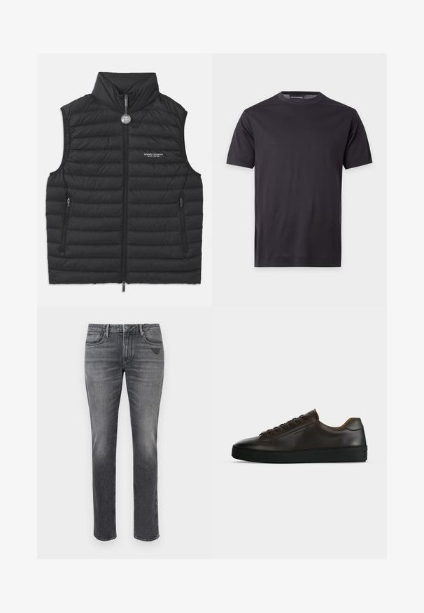 Gilet noir rembourré avec un col haut, fermeture éclair sur le devant, deux poches zippées sur les côtés et un logo sur la poitrine, présentant un matelassage horizontal.; T-shirt noir uni à manches courtes avec col rond, avec un petit logo ton sur ton sur la poitrine gauche et une étiquette de marque au niveau du col.; Jeans en denim gris à coupe slim, avec un léger délavage, cinq poches et un petit logo sur la poche arrière. Design standard à jambe droite.; Baskets basses en cuir marron foncé avec semelle en caoutchouc noire, lacets à l'avant et design minimaliste épuré sur fond clair.