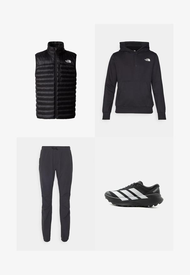 Schwarze Daunenweste mit hohem Kragen, durchgehendem Reißverschluss und Brusttasche mit Reißverschluss. Enthält ein gestepptes Muster und das Logo von The North Face.; Schwarzer Pullover-Hoodie aus weichem Stoff, mit einer vorderen Kängurutasche, verstellbarem Kapuzenzug und weißem Logo auf der Brust.; Schwarze, leichte Outdoor-Hosen mit elastischem Bund, Kordelzugverschluss und zwei seitlichen Reißverschlusstaschen. Hergestellt aus atmungsaktivem Material.; Schwarz-weißer Adidas Terrex Trailrunning-Schuh mit dicker Sohle und griffiger Außensohle, Seitenansicht auf schlichtem hellem Hintergrund.