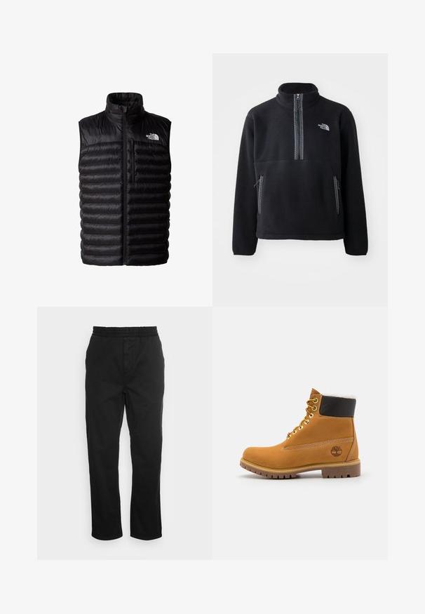 Zwarte poofy vest met hoge kraag, volledige ritssluiting en ritszak op de borst. Heeft een gewatteerd patroon en het logo van The North Face.; Zwarte fleece half-zip pullover met hoge kraag, voorzien van een borstzak en twee zijzakken. Het ontwerp heeft een contrasterende ritsdetail.; Zwarte katoenen broeken met een elastische tailleband, rechte pijpen en zijzakken. Zachte textuur zonder patronen of accenten.; Bruine leren enkellaars met metalen oogjes, witte faux bont voering, zwarte gewatteerde kraag, robuuste zool en een reliëflogo aan de zijkant.