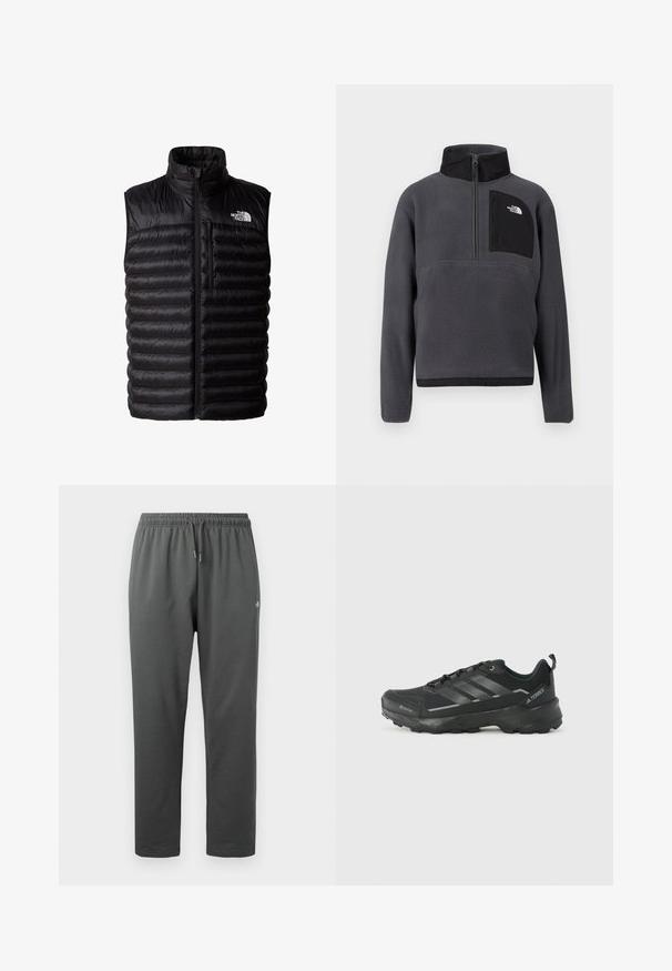 Chaleco negro acolchado con cuello alto, cremallera de longitud completa y bolsillo en el pecho con cremallera. Presenta un patrón acolchado y el logo de The North Face.; Sudadera polar de color gris oscuro con cuello alto, media cremallera frontal y bolsillo con cremallera negro en el pecho con logo blanco en el lado derecho.; Pantalones deportivos de forro polar de color gris oscuro con cintura elástica y cordón, con un pequeño logo en el muslo derecho.; Zapatilla deportiva negra con parte superior de tela texturizada, tres rayas plateadas, puntera reforzada y suela de goma resistente para tracción.