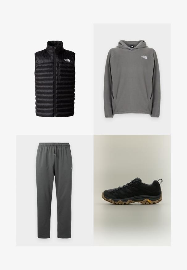 Sort puffy vest med høj krave, fuld længde lynlås og lynlåslomme på brystet. Har quiltet mønster og The North Face logo.; Grå fleece-hættetrøje med frontlomme, justerbar snøre i hætten og et lille hvidt logo på venstre bryst.; Mørkegrå fleece-sweatpants med elastisk taljebånd og snor, med en lille logo på højre lår.; Sort vandresko med brun tekstureret Vibram-sål og trækflig på hælen, vist i sideprofil på neutral baggrund.