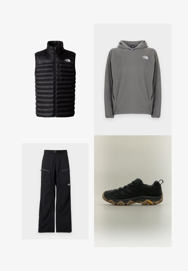 Sort puffy vest med høj krave, fuld længde lynlås og lynlåslomme på brystet. Har quiltet mønster og The North Face logo.; Grå fleece-hættetrøje med frontlomme, justerbar snøre i hætten og et lille hvidt logo på venstre bryst.; Sorte udendørsbukser med justerbart bælte, to lynlåslommer på lårene og The North Face-logo på højre ben.; Sort vandresko med brun tekstureret Vibram-sål og trækflig på hælen, vist i sideprofil på neutral baggrund.