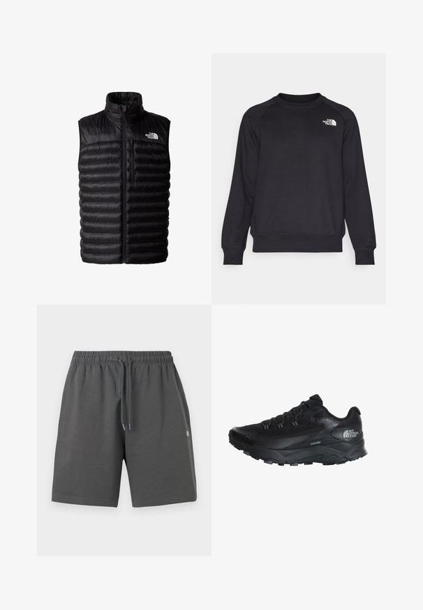 Schwarze Daunenweste mit hohem Kragen, durchgehendem Reißverschluss und Brusttasche mit Reißverschluss. Enthält ein gestepptes Muster und das Logo von The North Face.; Schwarzer Sweatshirt mit geripptem Rundhalsausschnitt, langen Raglanärmeln und einem kleinen weißen Logo auf der linken Brust. Hergestellt aus weichem, strapazierfähigem Stoff.; Graue Shorts aus weichem Stoff mit elastischem Bund und verstellbarem Kordelzug. Sie zeichnen sich durch ein schlichtes Design ohne Taschen oder Muster aus.; Schwarzer Sportschuh mit einem atmungsaktiven Mesh-Obermaterial, Gummisohle, strukturierten Akzenten und verstärkter Zehenkappe für Langlebigkeit.