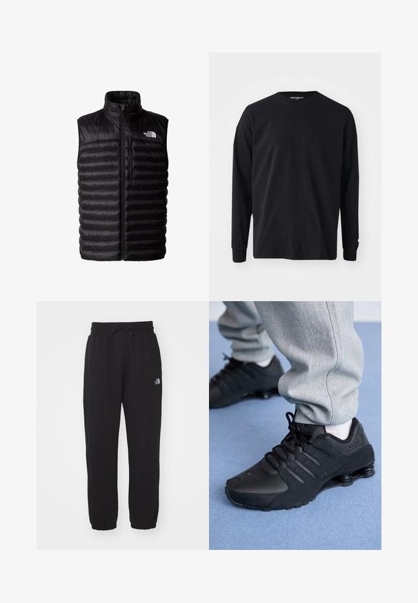 Chaleco negro acolchado con cuello alto, cremallera de longitud completa y bolsillo en el pecho con cremallera. Presenta un patrón acolchado y el logo de The North Face.; Camiseta negra de manga larga hecha de algodón, con un escote redondo y corte recto, que presenta un pequeño detalle de logo en la manga.; Pantalones de chándal negros de tela suave, con cinturilla elástica y cordón, tobillos ajustados y un pequeño logo en el muslo superior.; Persona vestida con zapatillas Nike Shox negras y pantalones de chándal grises, de pie sobre una alfombra azul claro.