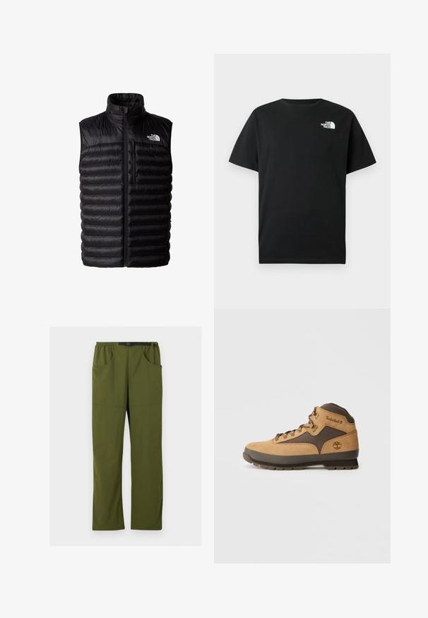 Zwarte poofy vest met hoge kraag, volledige ritssluiting en ritszak op de borst. Heeft een gewatteerd patroon en het logo van The North Face.; Zwart katoenen T-shirt met korte mouwen, ronde hals en wit logo op de linkerborst. Eenvoudig, onopgesmukt ontwerp.; Olijfgroene rechte broek met elastische tailleband en zwarte verstelbare gesp, voor- en zijzakken, detail met naad aan de voorkant.; Bruine suède wandelschoen met donkerbruine accenten, metalen oogjes en gripzool. Timberland-logo geperst op de zijkant. Halflange ontwerp.