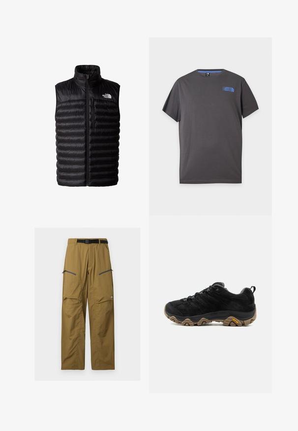 Zwarte poofy vest met hoge kraag, volledige ritssluiting en ritszak op de borst. Heeft een gewatteerd patroon en het logo van The North Face.; Donkergrijs T-shirt met korte mouwen en ronde hals met een klein blauw The North Face-logo op de linker bovenborst tegen een witte achtergrond.; Kaki outdoorbroek met zwarte verstelbare riem, twee zakken op de dij met rits en kniezomen, getoond tegen een effen achtergrond.; Zwarte wandelschoen met robuuste bruine Vibram-zool, bovenwerk van mesh en suède, vetersluiting en achterste aantreklus, gezien vanaf de buitenkant.