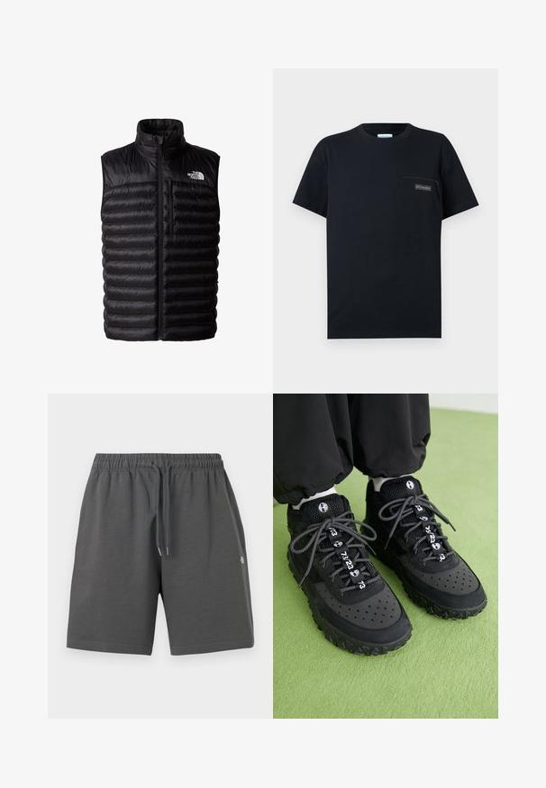 Chaleco negro acolchado con cuello alto, cremallera de longitud completa y bolsillo en el pecho con cremallera. Presenta un patrón acolchado y el logo de The North Face.; Camiseta negra de manga corta con cuello redondo y pequeño bolsillo con cremallera en el pecho izquierdo con parche del logo de Columbia.; Pantalones cortos grises hechos de una tela suave con una cintura elástica y cordón ajustable. Presentan un diseño sencillo sin bolsillos ni patrones.; Las zapatillas negras presentan una mezcla de materiales de cuero y malla, una suela de goma texturizada, perforaciones prominentes y cordones decorados con patrones y acentos numéricos.