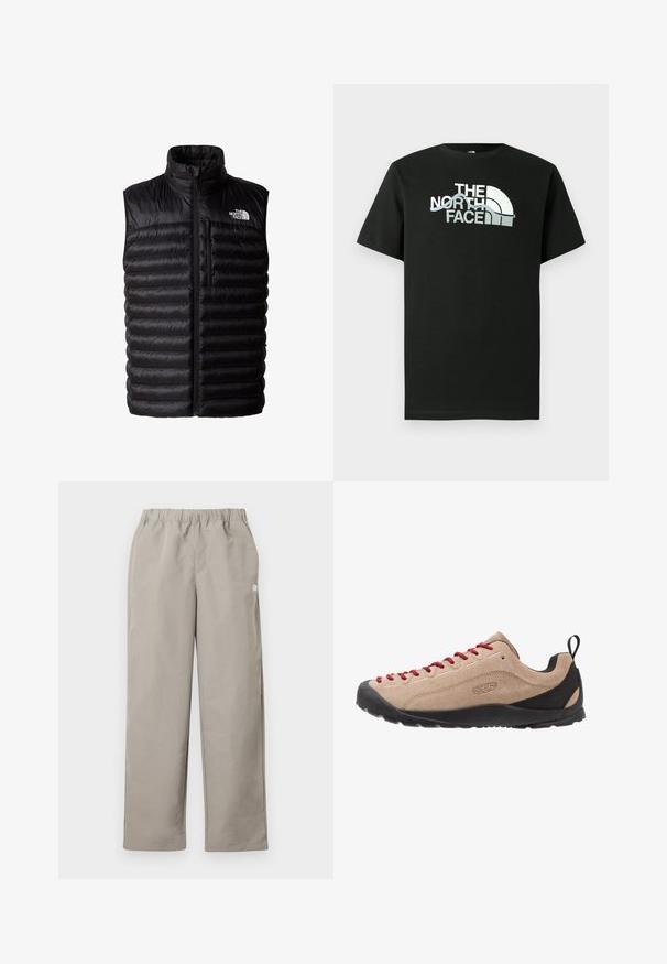Schwarze Daunenweste mit hohem Kragen, durchgehendem Reißverschluss und Brusttasche mit Reißverschluss. Enthält ein gestepptes Muster und das Logo von The North Face.; Schwarzes T-Shirt aus Baumwolle mit einem aufgedruckten Logo in Weiß und Grau, kurzen Ärmeln und Rundhalsausschnitt.; Beige gerade geschnittene Hose mit elastischem Bund und kleinem weißem Logo an der rechten Seitennaht.; Beige Wildleder Sneaker mit roten Schnürsenkeln, schwarzer Gummisohle und Mesh-Akzenten in der Nähe der Ferse für Atmungsaktivität und Komfort.