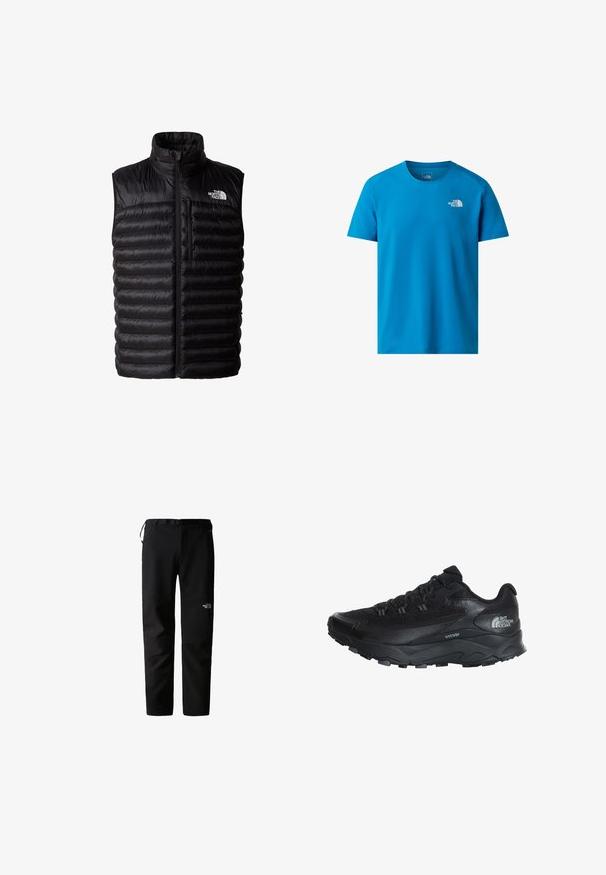 Zwarte poofy vest met hoge kraag, volledige ritssluiting en ritszak op de borst. Heeft een gewatteerd patroon en het logo van The North Face.; Blauwe T-shirt met korte mouwen, gemaakt van gladde stof, met een klein wit logo op de linkerborst. Klassiek rond decolleté ontwerp.; Zwarte outdoorbroek met een strak ontwerp, gemaakt van een duurzame, lichtgewicht stof. Voorzien van een riem, zijzakken en een logo op de dij.; Zwarte sportieve schoen met een ademende mesh bovenkant, rubberen zool, gestructureerde accenten en een versterkte neuscap voor duurzaamheid.