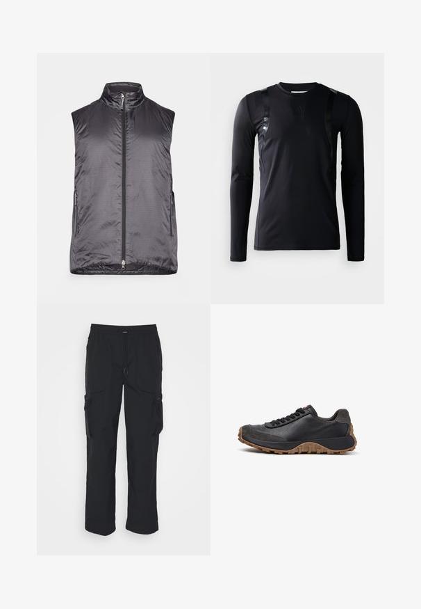 Houdini VEST - Veste sans manches - true black; T-shirt de sport à manches longues noir en tissu lisse et extensible. Présente des accents noirs brillants sur les épaules et un logo Adidas sur la poitrine.; Pantalons cargo noirs en tissu tissé. Dotés d'une taille réglable, de poches latérales et de deux poches utilitaires avec zips.; Baskets en cuir et en suède noirs avec des lacets noirs, semelle marron robuste et design à coupe basse, présentées en vue latérale gauche sur fond blanc.