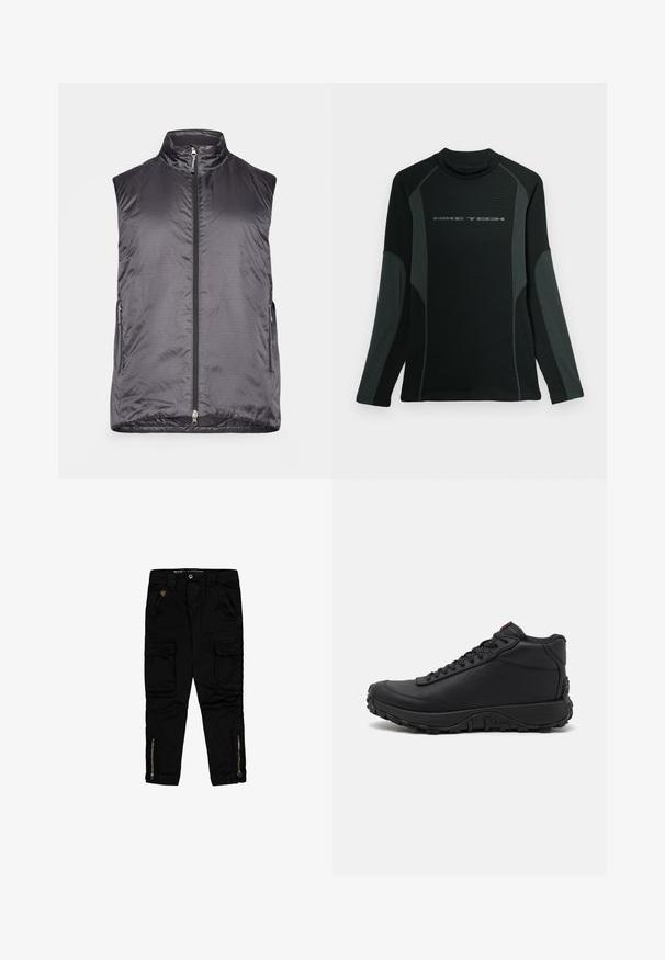 Houdini VEST - Veste sans manches - true black; Chemise noire à manches longues avec col haut, fabriquée en tissu texturé. Présente des panneaux latéraux gris et le logo "NIKE TECH" sur la poitrine.; Pantalons cargo noirs en coton, dotés de poches latérales, de zippers aux chevilles et d'une coupe classique.; Baskets montantes noires en cuir texturé, avec une semelle en caoutchouc épaisse dotée de motifs de traction et un design à lacets. Accent rouge sur la languette.