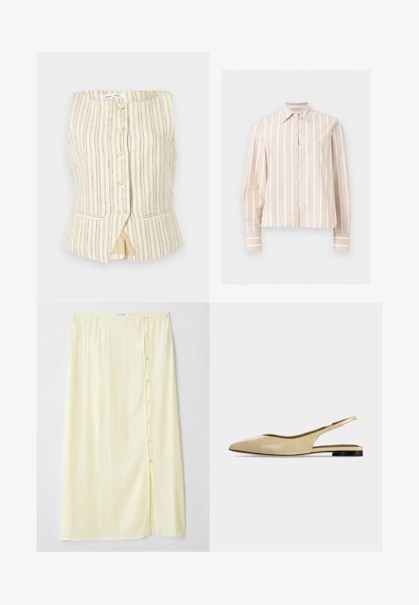Veste sans manches beige à rayures verticales, fermeture boutonnée à l'avant, deux poches latérales et un ourlet légèrement évasé. Texture légère et respirante.; Chemise beige et blanche rayée verticalement, manches longues, boutonnée, avec col pointu et poignets boutonnés, présentée sur un fond clair et plat.; Jupe longue, jaune pâle, en tissu doux avec une fente sur le côté et une fermeture à boutons, présentant une texture lisse et une coupe décontractée.; Chaussure plate beige à bout pointu avec bride arrière, petit talon noir et finition en cuir lisse, vue de côté sur un fond uni.