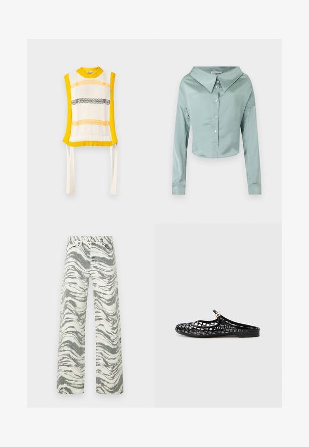 Henrik Vibskov NEW STITCH VEST - Vest - beige; Heleroheline satiinist lühike nööpidega pluus, pikkade varrukate ja laia terava kraega.; Kõrge vöökohaga, laia säärega teksad must-valge abstraktse sebra mustriga ja viie taskuga disain.; Tory Burch MELLOW MARY JANE - Tagant lahtised kingad - perfect black/gold