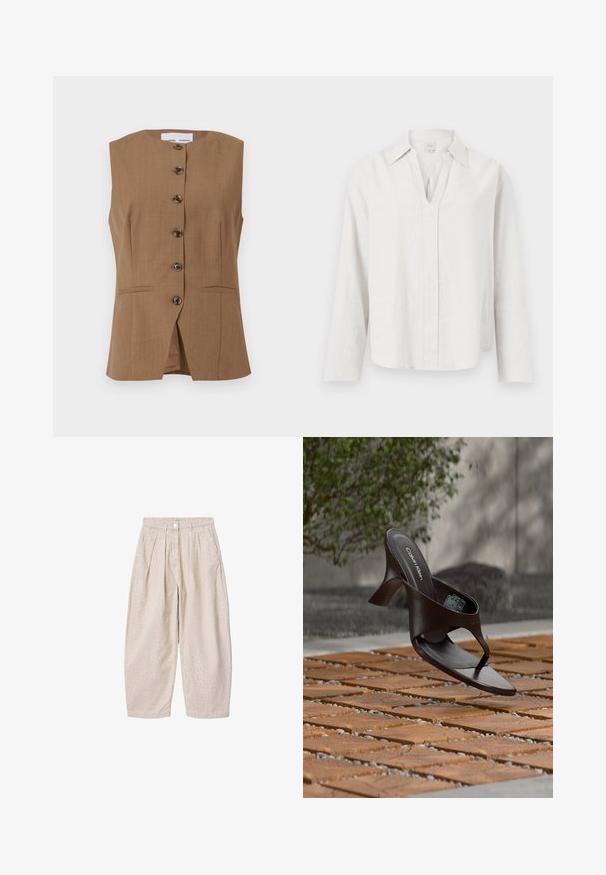 Gilet sans manches marron avec un col haut, six boutons foncés sur le devant et deux poches inclinées. Tissu lisse et texturé.; Chemise blanche à manches longues avec une fente en V et un col, affichée à plat sur un fond blanc uni.; Pantalon beige taille haute avec imprimé léopard discret, jambes larges, plis sur le devant, poches latérales, passants pour ceinture et fermeture par bouton à la taille.; Sandale à talon marron Calvin Klein suspendue au-dessus d'un sol extérieur en dalles de bois et gravier avec un arrière-plan flou de verdure et de pierres.