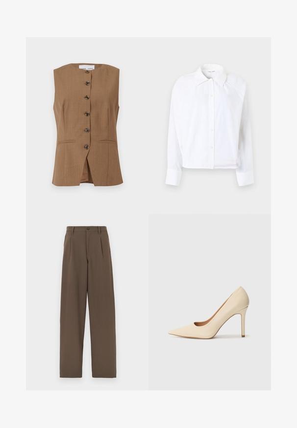 Gilet sans manches marron avec un col haut, six boutons foncés sur le devant et deux poches inclinées. Tissu lisse et texturé.; Chemise blanche à boutons avec col, manches longues et coupe courte. Fabriquée en tissu léger avec une texture subtile et des coutures latérales.; Pantalon marron à jambes larges en tissu lisse, avec deux plis, une fermeture à un bouton et des poches standards.; Escarpin en cuir beige à talon haut avec un bout pointu et un détail découpé sur le côté, possédant un talon stiletto fin pour le soutien.