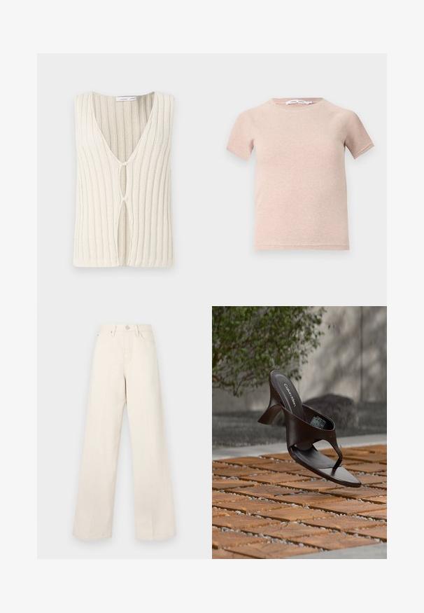 Gilet en tricot crème, avec un décolleté en V et une texture côtelée. Détail de découpe remarquable à l'avant qui ajoute de l'intérêt au design.; T-shirt à manches courtes rose clair en tissu côtelé, avec un col rond et une coupe décontractée. Design simple et sans couture.; Pantalons larges beiges à taille haute, fabriqués dans un tissu doux et texturé. Équipés d'un zip à bouton et de poches avant pour plus de fonctionnalité.; Sandale à talon marron Calvin Klein suspendue au-dessus d'un sol extérieur en dalles de bois et gravier avec un arrière-plan flou de verdure et de pierres.