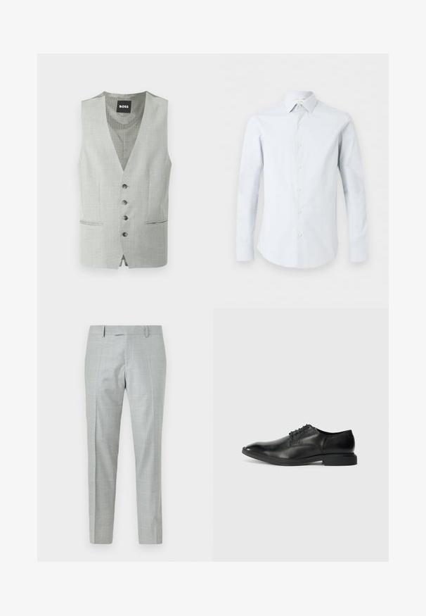Gilet formel pour hommes gris clair avec quatre boutons, deux poches avant et une doublure intérieure à motifs étiquetée "BOSS".; Chemise homme bleu clair à manches longues boutonnée avec col pointu et motif texturé subtil sur fond blanc.; Pantalons ajustés gris clair fabriqués dans un tissu à la texture lisse. Présentent un motif à carreaux subtil, une taille plate et des jambes droites.; Chaussure habillée en cuir noir avec une texture lisse, bout pointu, design à lacets à six œillets et un petit talon rectangulaire. Détail de marque subtil sur le côté.