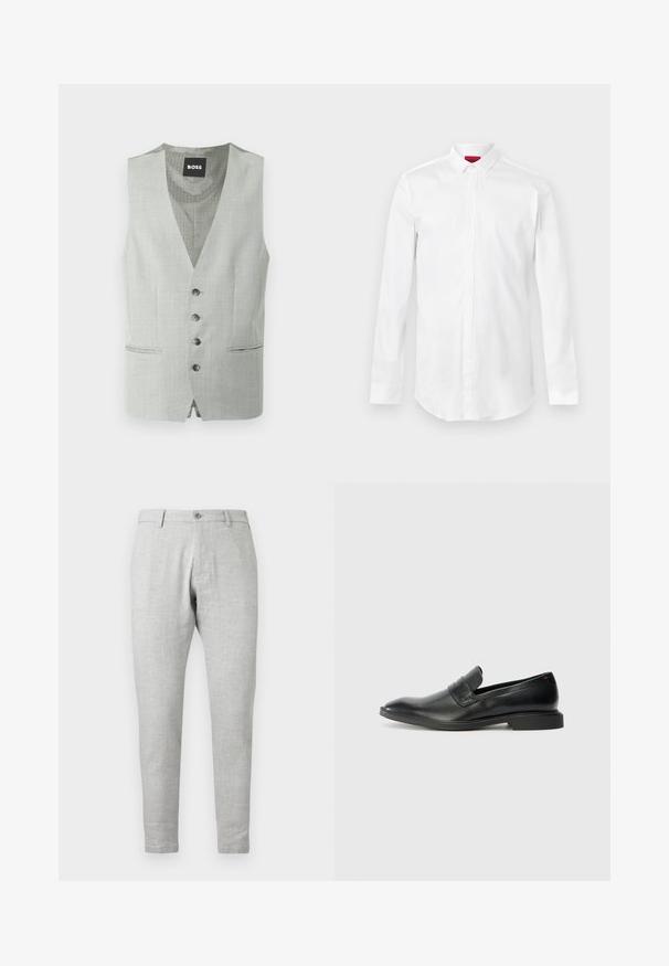 Gilet formel pour hommes gris clair avec quatre boutons, deux poches avant et une doublure intérieure à motifs étiquetée "BOSS".; Chemise blanche à manches longues avec col pointu et patte de boutonnage cachée, présentée sur un fond clair uni.; Pantalon homme slim gris clair avec fermeture à boutons et passants de ceinture, présenté sur fond blanc.; Mocassins en cuir noir avec une texture lisse, un nez pointu et un petit talon rectangulaire. Présente un détail de bande horizontale sur le dessus.