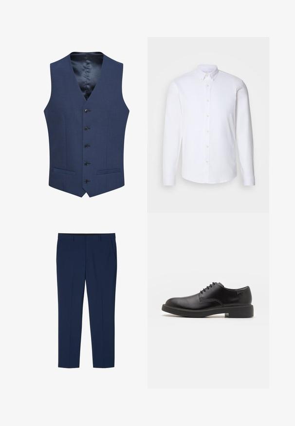 Gilets bleu marine en tissu texturé, avec une fermeture à cinq boutons à l'avant et deux poches latérales. Doublés d'une intérieure lisse et à motifs.; Chemise blanche à manches longues avec boutons, fabriquée dans un tissu lisse, dotée d'un col classique, de huit boutons sur le devant et de poignets standards.; Pantalons bleu marine sur mesure avec poches avant, passants pour ceinture et coupe slim à jambes droites.; Chaussure noire en cuir à lacets avec un embout arrondi, texture lisse, piqures minimales et un petit talon en caoutchouc. Logo sur le talon.