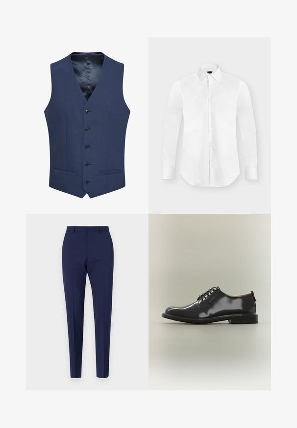 Chalecos azul marino hechos de tejido texturizado, con un cierre frontal de cinco botones y dos bolsillos laterales. Forrados con un interior suave y estampado.; Camisa blanca de vestir de manga larga con botones y cuello puntiagudo, colocada perfectamente plana sobre un fondo gris claro.; Pantalones azul marino a medida con un ajuste slim, que presentan una textura suave, frente plano y piernas con plisados. Sin bolsillos visibles ni adornos.; Zapato de vestir negro brillante de cuero con cordones, tacón bajo y puntera redondeada, mostrado de perfil sobre un fondo neutro.