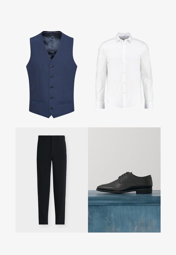 Gilets bleu marine en tissu texturé, avec une fermeture à cinq boutons à l'avant et deux poches latérales. Doublés d'une intérieure lisse et à motifs.; Chemise blanche à manches longues à boutons, fabriquée en coton lisse. Dotée d'un col classique et d'une fermeture à boutons à l'avant avec un ourlet droit.; Pantalon noir cintré sur mesure avec passants de ceinture et fermeture avant dissimulée, présenté sur fond blanc.; Chaussure habillée en cuir noir avec une finition lisse, bout arrondi et un laçage minimal. Elle possède un talon bas et un design épuré sur un fond neutre.