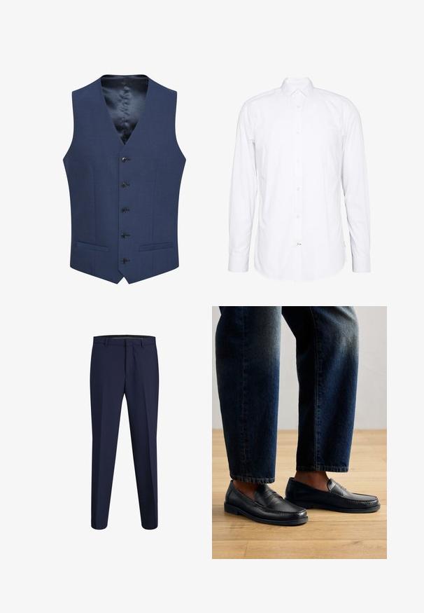 Chalecos azul marino hechos de tejido texturizado, con un cierre frontal de cinco botones y dos bolsillos laterales. Forrados con un interior suave y estampado.; Camisa blanca de manga larga hecha de algodón. Presenta un cuello, cierre frontal con botones y puños con un solo botón. Textura suave, diseño limpio.; Pantalones azul marino personalizados hechos de una tela suave, con un diseño de frente plano, pierna recta y cinturilla estándar, que cuentan con bolsillos laterales.; Mocasines de cuero negro con detalles de costura y acentos texturizados, combinados con denim oscuro, mostrando un diseño casual y estilizado.