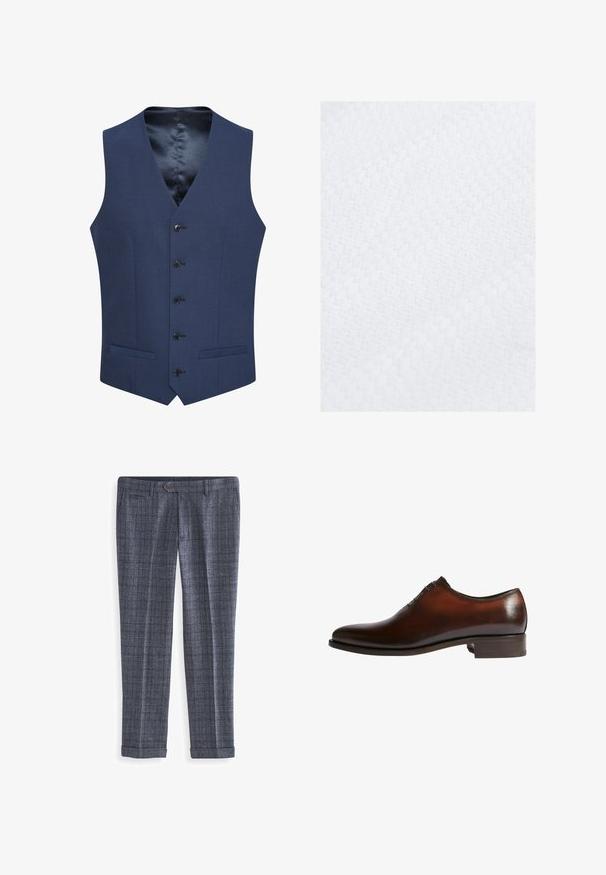 Chalecos azul marino hechos de tejido texturizado, con un cierre frontal de cinco botones y dos bolsillos laterales. Forrados con un interior suave y estampado.; Primer plano de tela blanca con un patrón texturizado similar a una gofre y líneas diagonales que crean un diseño geométrico sutil.; Pantalones a cuadros en tono marino con una tela de textura fina, con cierre de botón, dos bolsillos laterales y dobladillos enrollados en el bajo.; Zapato de vestir de cuero marrón con un acabado suave, punta redondeada y un tacón bajo apilado. Presenta seis ojetes para los cordones y sutiles detalles de costura.